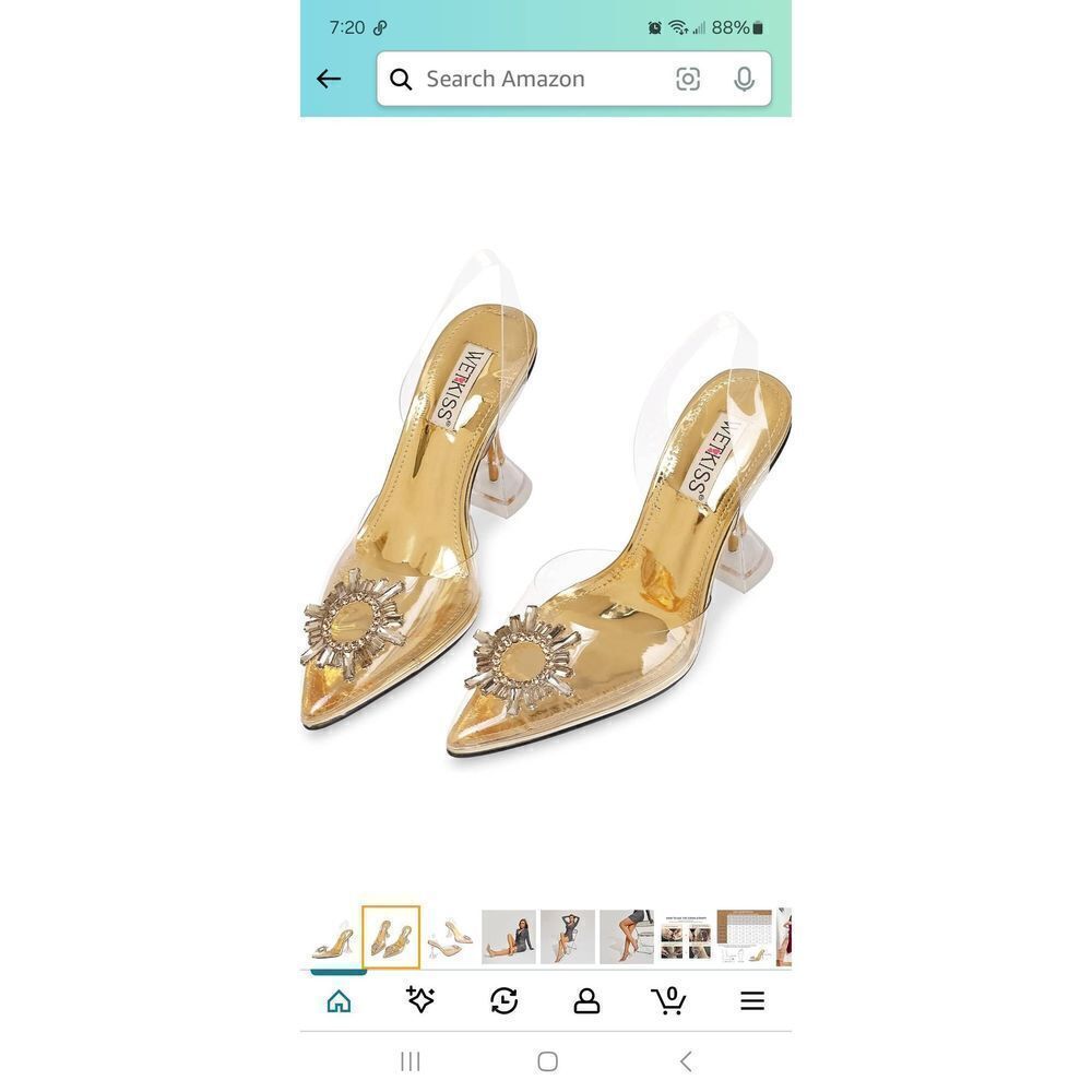 New Sz 7 Wet Kiss Clear High Heel Slingback Rhinestone Gold Sunflower Dress Shoe
